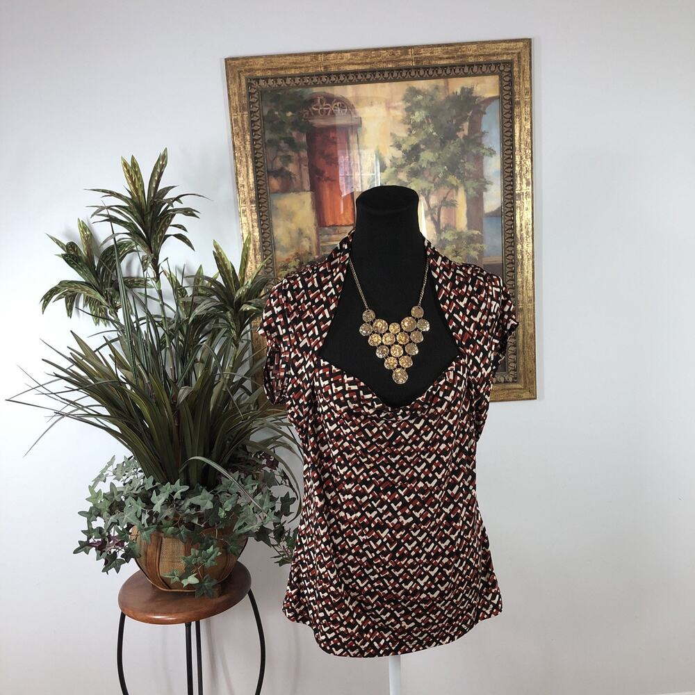 Lea & Nicole‎ Women’s Blouse Large Cap Sleeve Geometric Cowl Neck Stretch Top